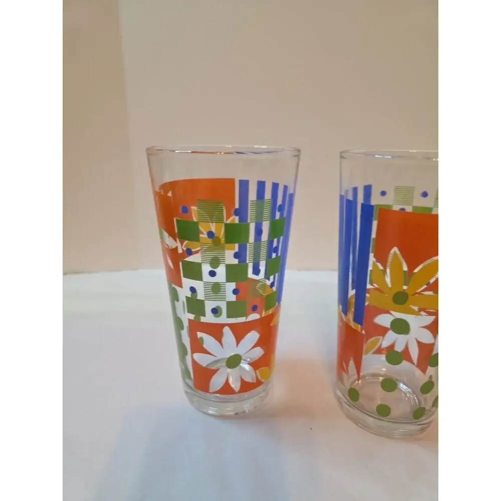 Vtg KIG Vertical Stripe Blue Green Clear MCM Drinking Glasses 12 oz Retro Kitsch